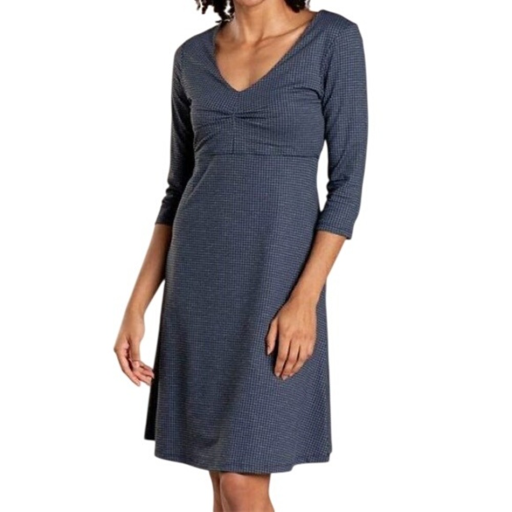Toad&Co Dress Rosalind Medium Blue Houndstooth 3/4 Sleeve Fit & Flare Casual